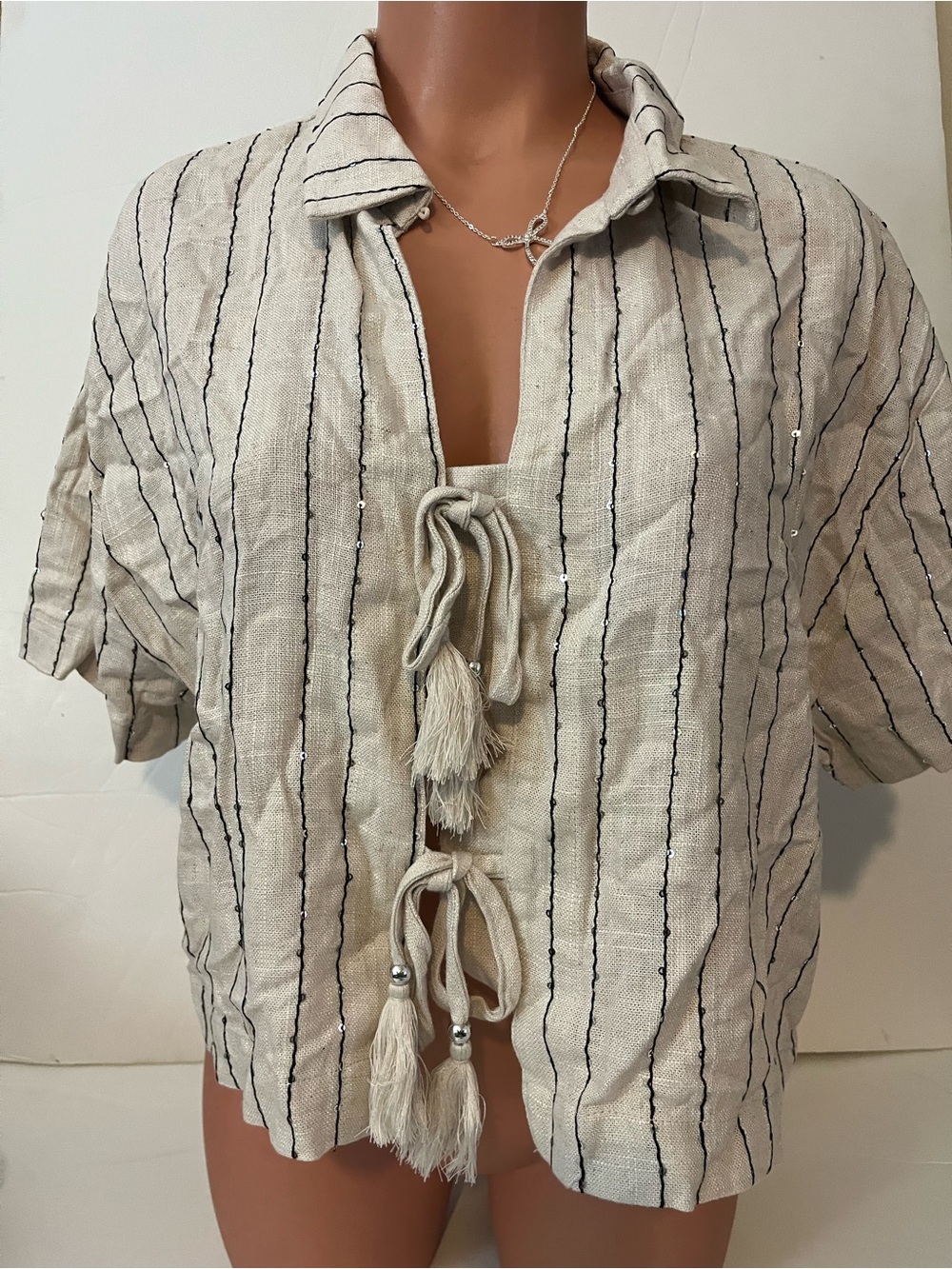 NVLT Cream Striped Tie-Front Button Down Shirt